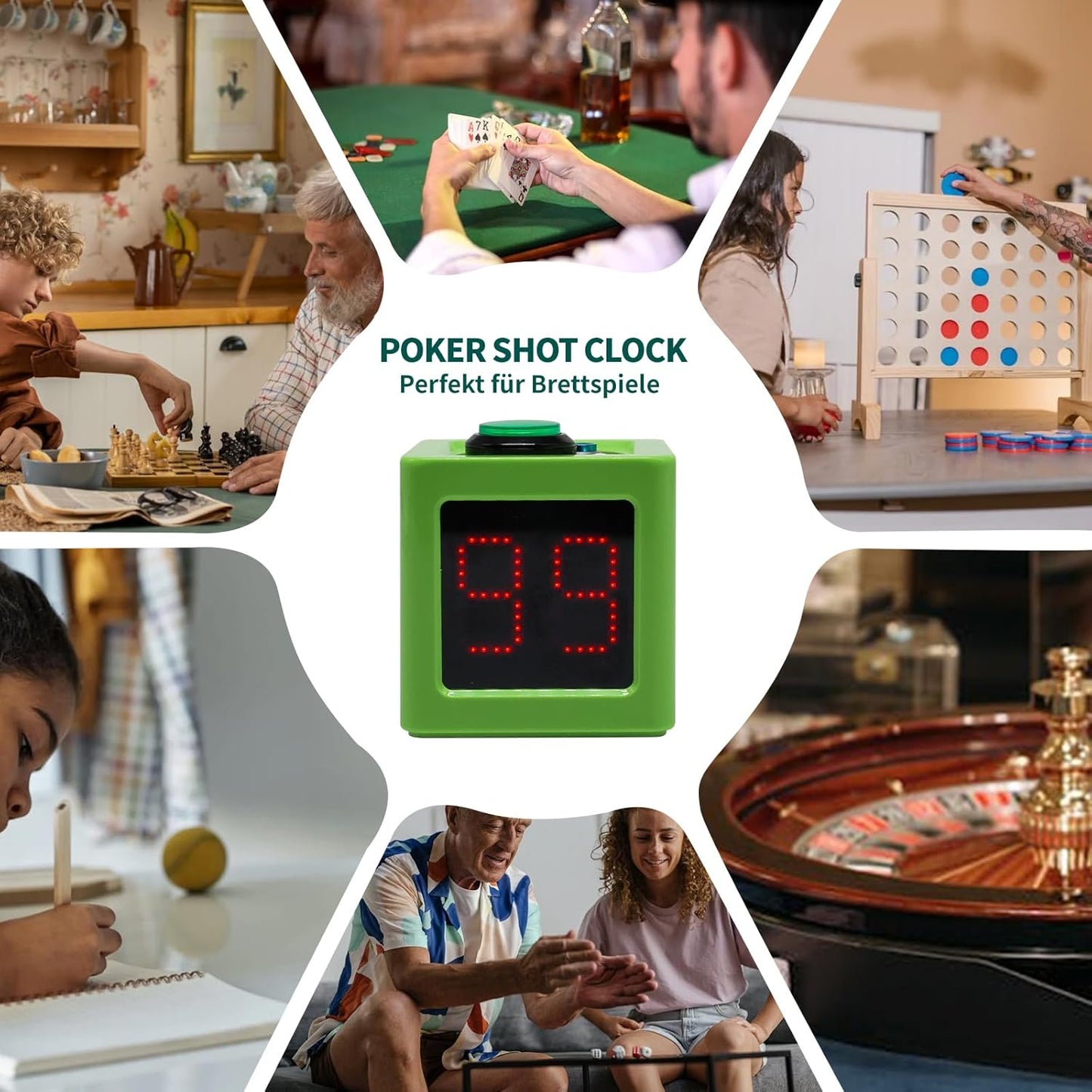 GANXIN Poker Shot Clock, Seconds Countdown Timer for Poker/Casino/Chess Tournament,20/30 Sec and Custom Time,4-Sides Cube Timer (Small,Green)