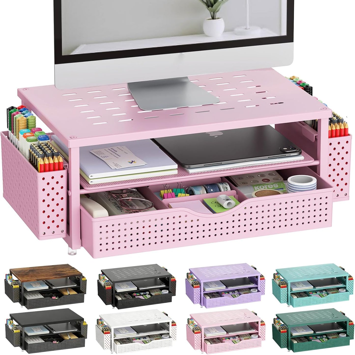 gianotter Monitor Stand Riser, Office Desk Shelf Organizer, Desk Organizer with Drawer and Pen Holder, 2-Tier Computer Stand, Office Organization (Ink)