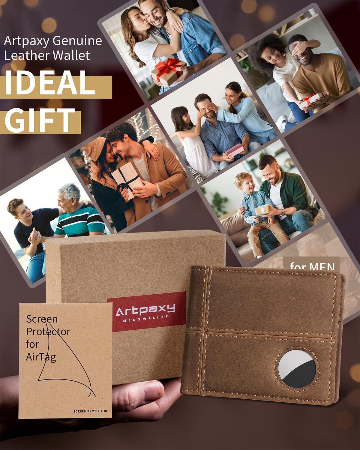 Mens Wallet With AirTag Holder, Bifold Leather RFID Blocking 1-2 ID Windows 12-13 Card Holders, Gift Box and Screen Protector Included, AirTag Not Included