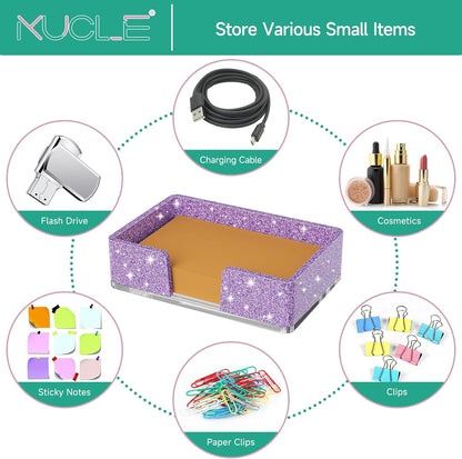 Sticky Note Holder, Glitter Pink Acrylic Notepad Holder 3x3 in Self-Stick Note Dispenser Office Desk Accessories, Memo Pad Holder Organizer for Classroom School Supplies