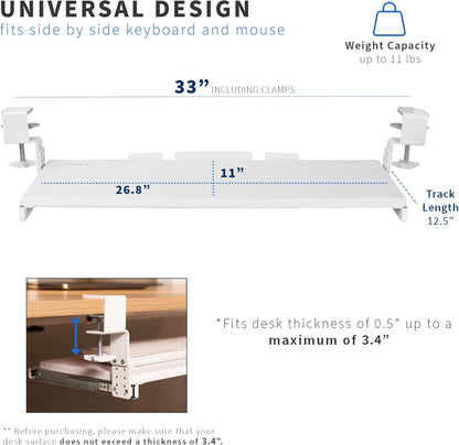 VIVO Large Height Adjustable Under Desk Keyboard Tray, C-clamp Mount System, 27 (33 Including Clamps) x 11 inch Slide-Out Platform for Typing, White, MOUNT-KB05HW