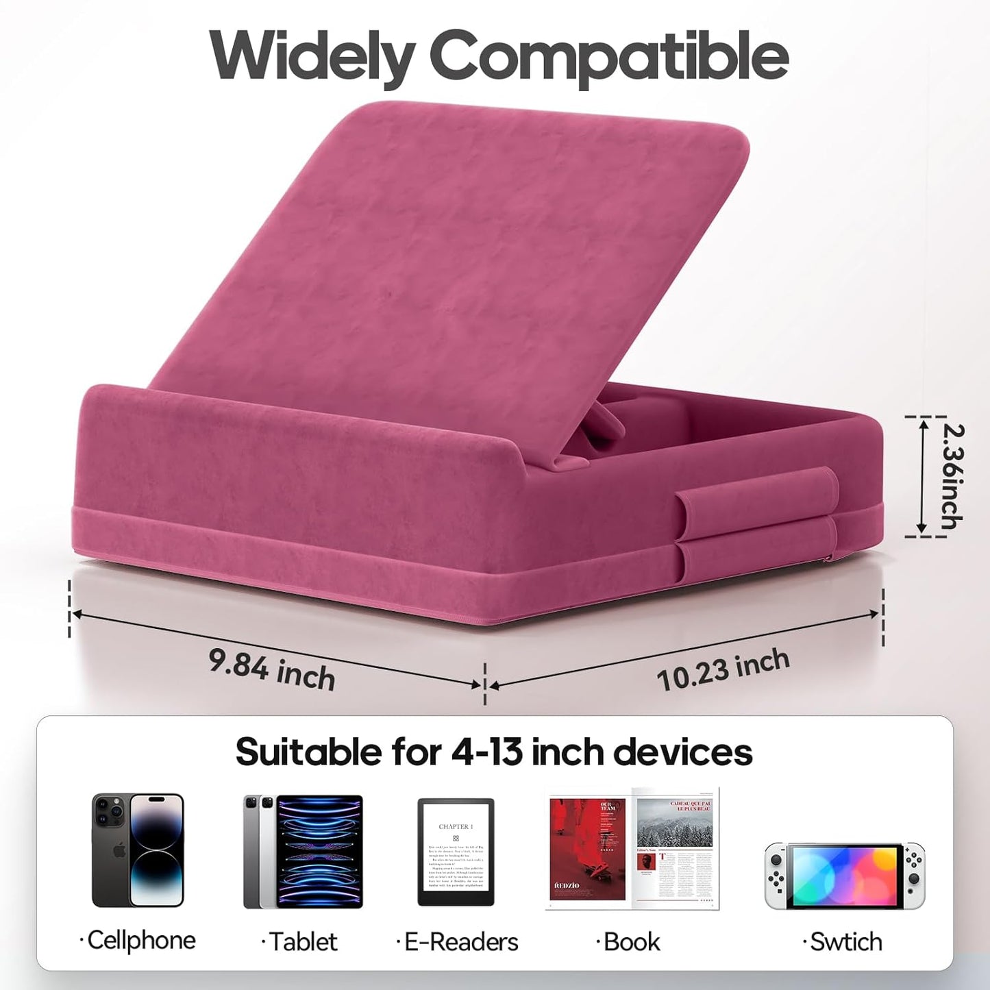 KDD Tablet Pillow Stand with Storage, Foldable iPad Holder for Bed, Lap and Desk, Angle Adjustable Soft Pad Dock with Stylus Mount Compatible with Ipad Pro 12.9, 10.5, 11, Air, Mini, Phones, Books