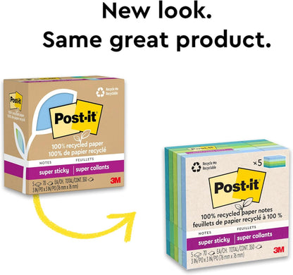 Post-it 100% Recycled Paper Super Sticky Notes, 3 in. x 3 in., 5 Pads, 70 Sheets per Pad, Wanderlust Pastels, School Supplies and Office Products