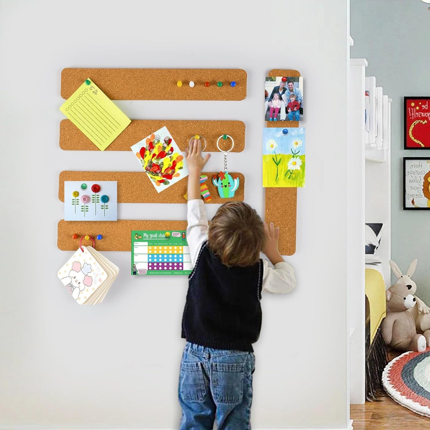 6 Pack Corkboard Strips for Walls, Self Adhesive Thick Cork Board Strips, Peel and Stick Cork Board with 50 Push Pins for Paste Notes, Photos, Schedules