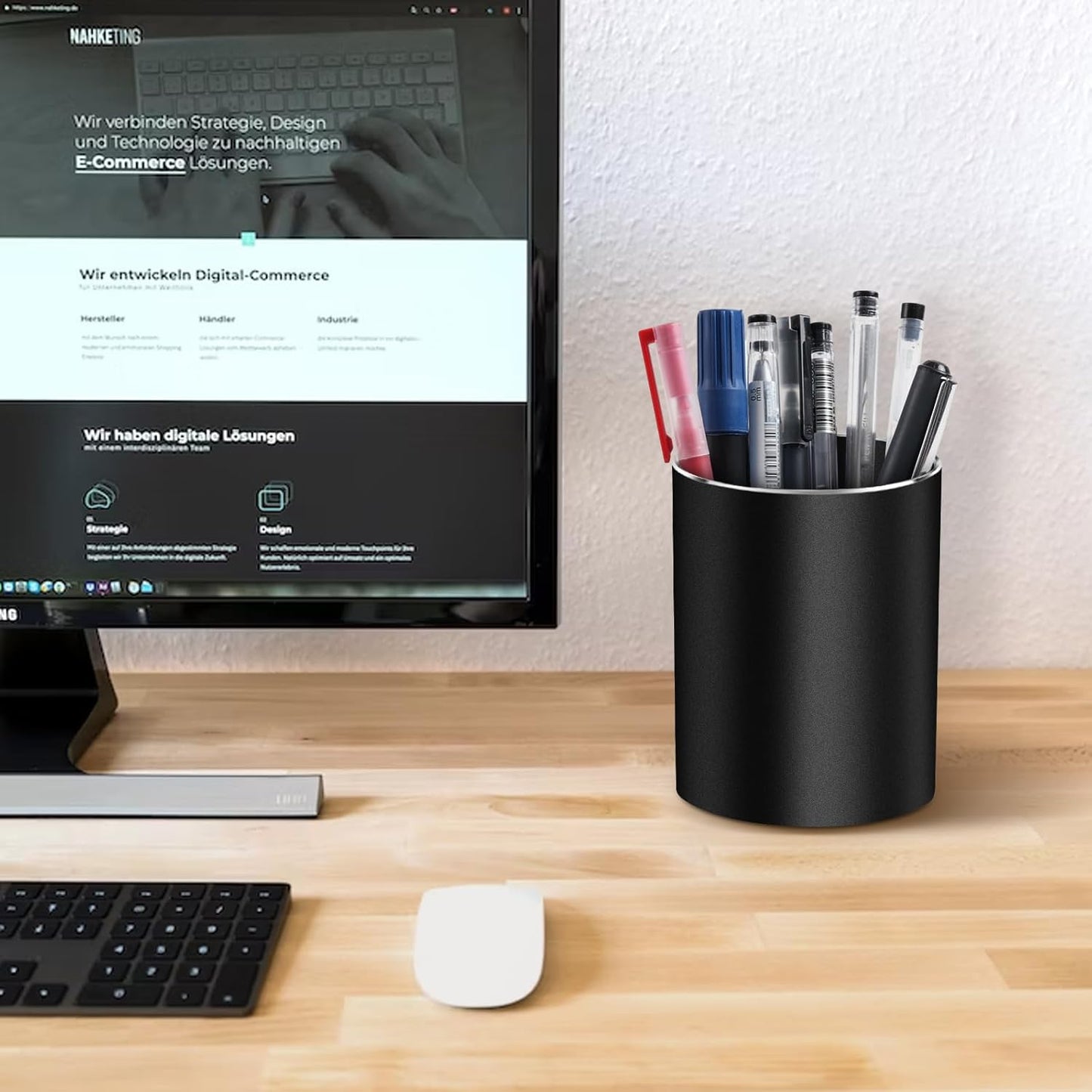 RQB Metal Pen Holder for Desk Square Aluminum Desktop Organizer and Makeup Brush Holder Storage Box for Office, School, Home, and Kids, Non-slip silicone 4×3.15inch-Gray