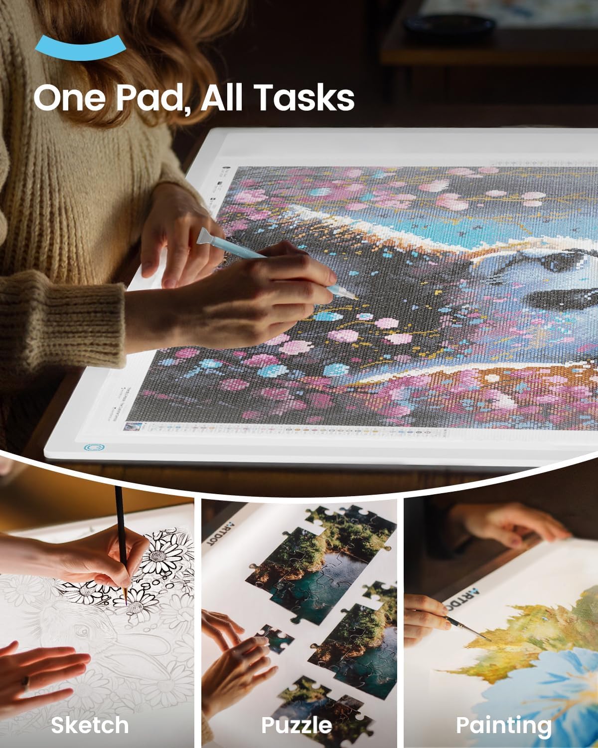 ARTDOT A3 LED Light Pad for Diamond Art Kits for Adults, USB Powered Light Board Kit, Adjustable Brightness with Diamond Painting Tools Detachable Stand and Clips