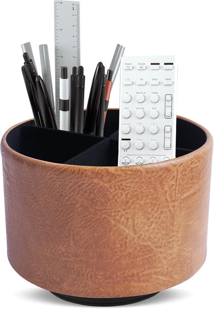 Round Leather Art Supply Organizer,Remote Control Holder,360 Degree Rotating,Multi-Functional Pencil Holder,4 Compartments Desktop Stationary Organizer(1-Fractal Flower) | Round - Colors A