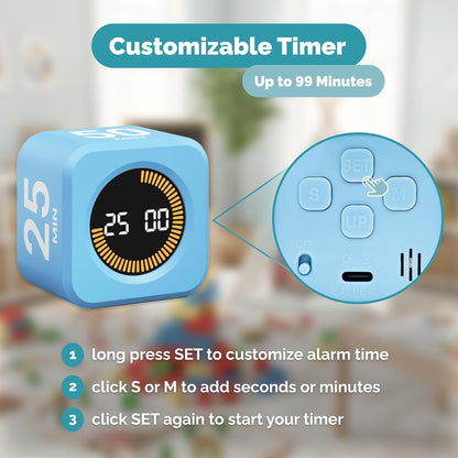KADAMS Pomodoro Timer Visual - Productivity Pomodoro Cube, 5/10/25/50 Min Countdown & Countup, Silent – Ideal for Work Study Cook Workout Kitchen School Classroom Office ADHD Gift Kids (1, Black)