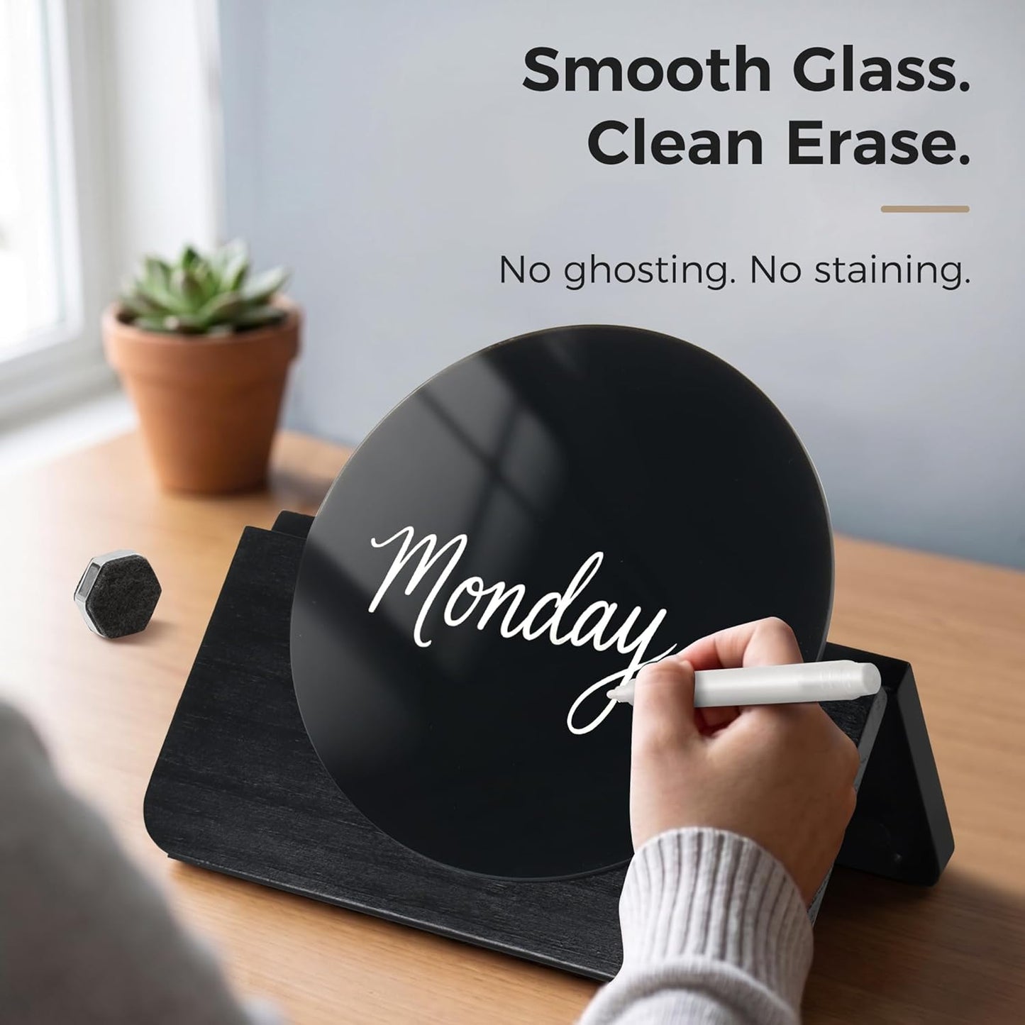 Magnetic Glass Desktop Whiteboard with Solid Wood Stand, Adjustable Foldable Mini Dry Erase Board, 2-in-1 Tabletop & Hanging Glassboard with Rustic Rope, Reusable Home Office School, Black and Square