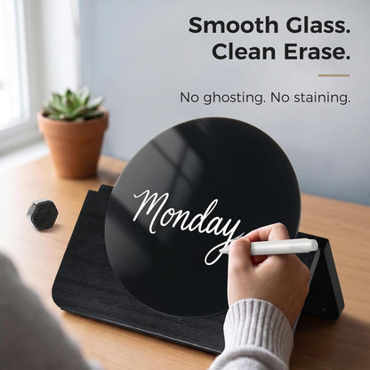 Magnetic Glass Desktop Whiteboard with Solid Wood Stand, Adjustable Foldable Mini Dry Erase Board, 2-in-1 Tabletop & Hanging Glassboard with Rustic Rope, Reusable Home Office School, Black and Square