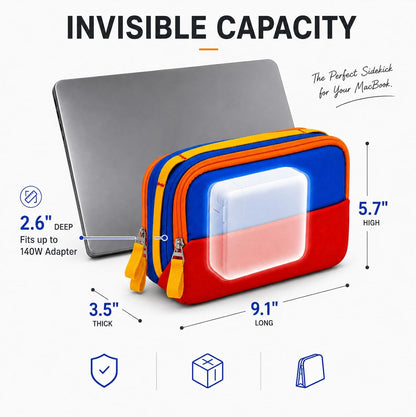 Tech Organizer Travel Case for MacBook Essentials, Self-Standing Digital Accessory Pouch for 140W Power Adapter, Magic Mouse, Cables & Cords, Travel Gear Bag for Power Users (Blue/Red)