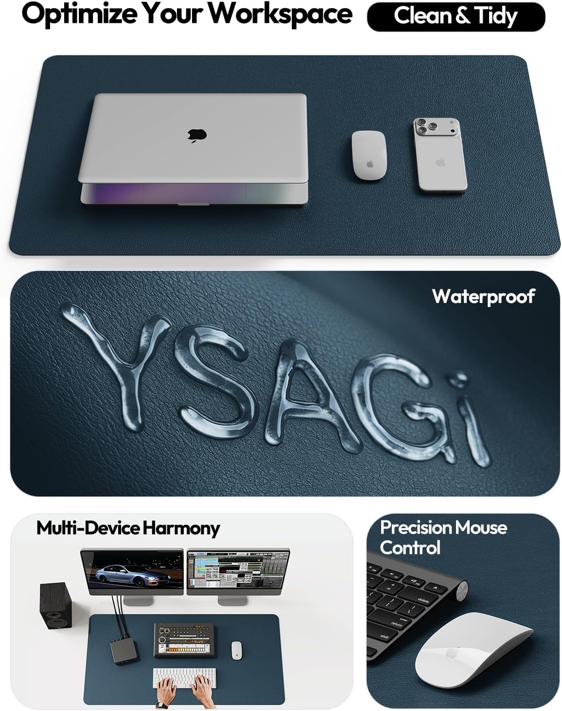 YSAGi Leather Desk Protector, Office Mat, Large Mouse Mat, Non-Slip PU Leather Blotter, Laptop Desk Mat, Waterproof Writing Pad for Office and Home (Black, 31.5" x 15.8") - Colors B