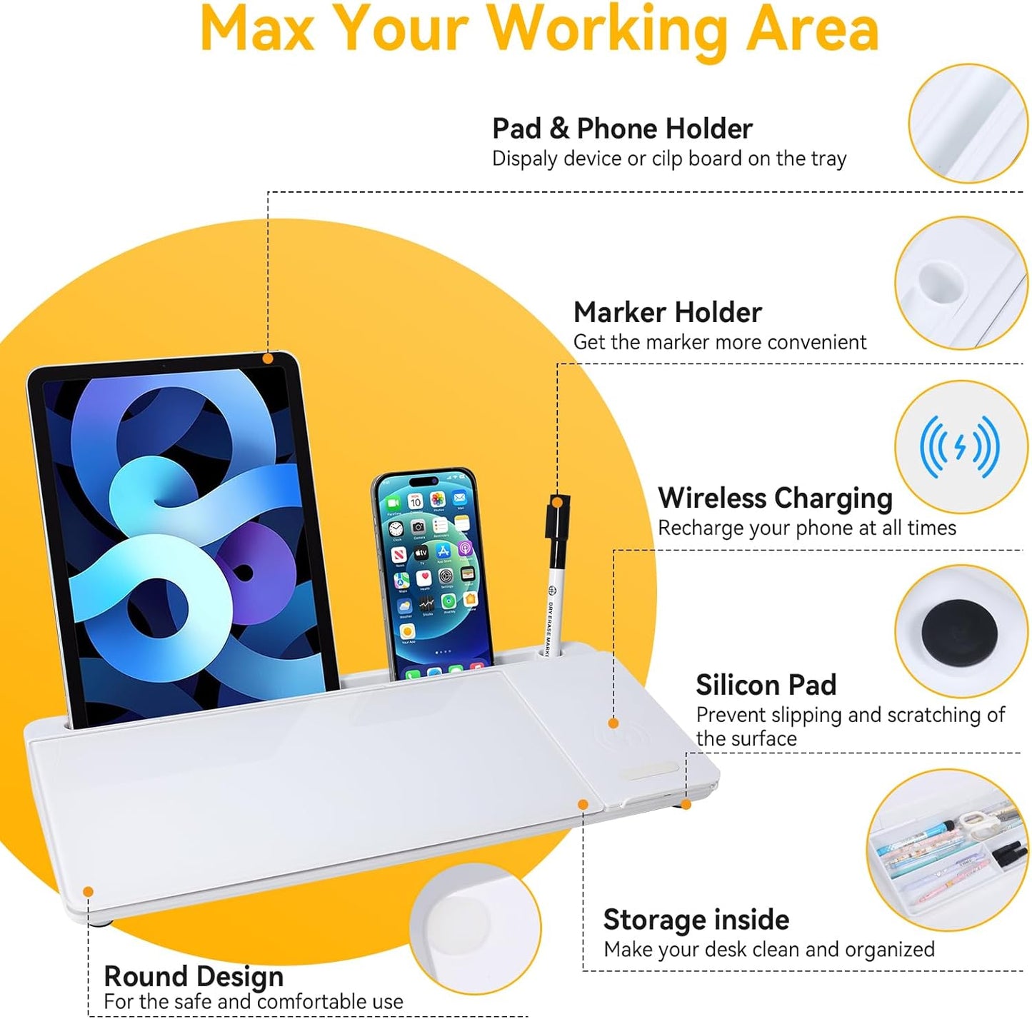 Small Glass Desktop Whiteboard Dry Erase Board with Wireless Charger Station - Computer Pad Keyboard Stand with Organizer for Home, School, Office Desk Accessories