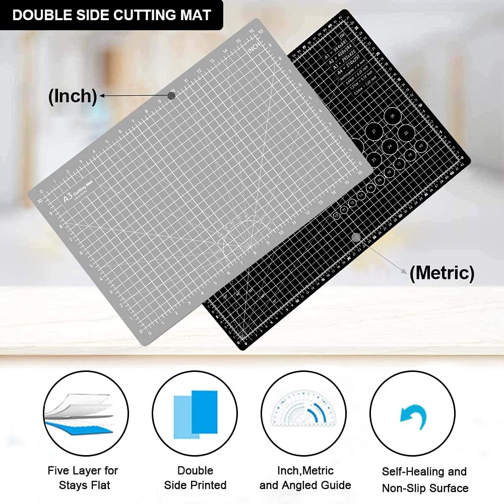 HEADLEY TOOLS 18" x 24" Thickened Self Healing Cutting Mat, A2 Rotary Cutting Sewing Mat for Crafts, Double Sided 5-Ply Table Cutting Board for Fabric Quilting Leather Arts Hobby Project, Grey/Black
