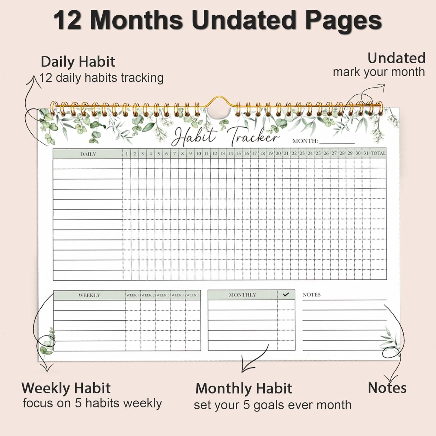Habit Tracker Calendar, Aesthetic Daily Weekly Goal and Habit Tracker Journal, 12 Months Undated Habits Tracker Planner with Spiral Binding, Boost Productivity Tool and Workout Calendar, 11.7"x8.5"