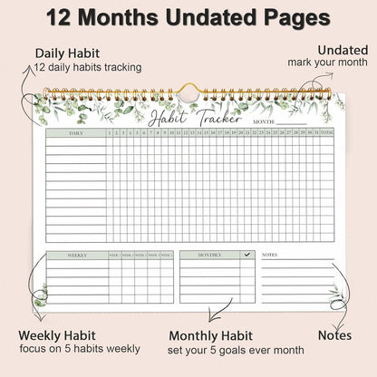 Habit Tracker Calendar, Aesthetic Daily Weekly Goal and Habit Tracker Journal, 12 Months Undated Habits Tracker Planner with Spiral Binding, Boost Productivity Tool and Workout Calendar, 11.7"x8.5"
