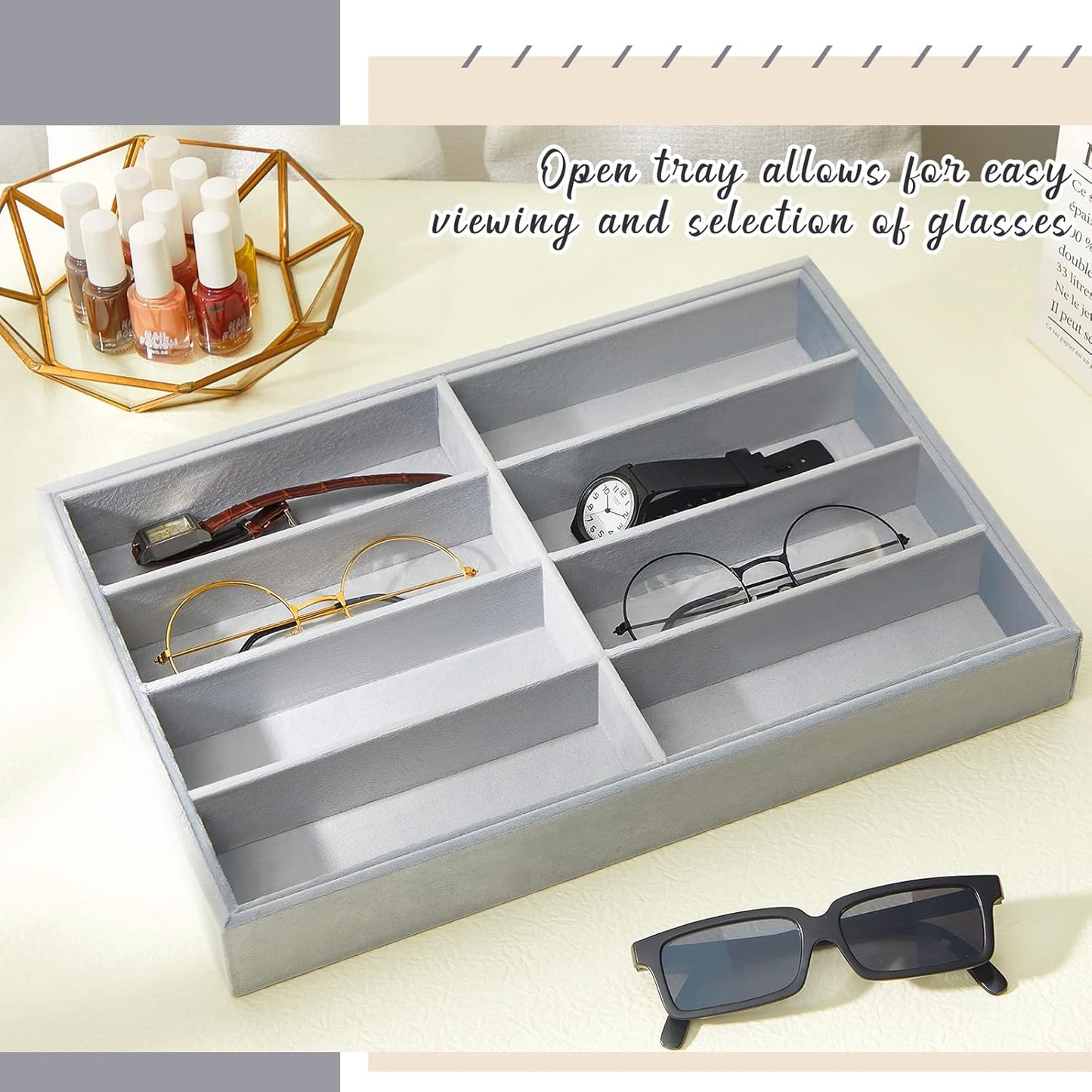 Amylove 2 Pcs Sunglass Organizer Trays Glasses Stackable Jewelry Trays Sunglass Organizer Display Box(8 Grids,Beige)