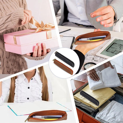 Psyqtsuary Leather Pencil Case, 2 Pcs Slim Small Pencil Pouch Portable Flat Pen Pouch with Zipper Simple Makeup Bag Lipstick Case for Women Men Home, Office, Travel Outdoor (Black, Claret)