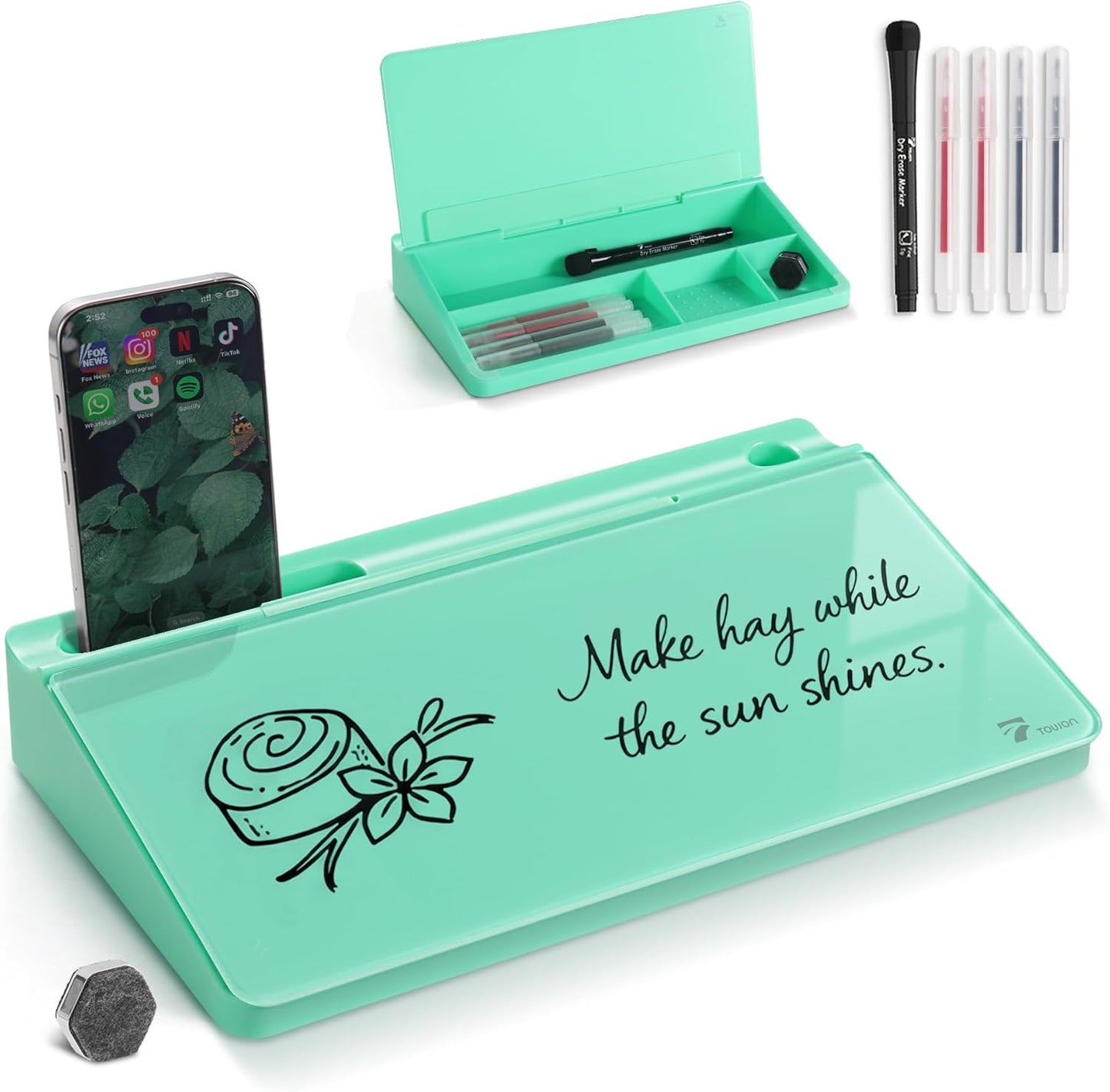 TOWON Small Compact Glass Desktop Whiteboard with Storage – 12 x 7 in Dry Erase Board for Desk, Home Office, School | Includes 5 Markers, Eraser & Holder | Space-Saving Organizer, Aesthetic Rose Gold
