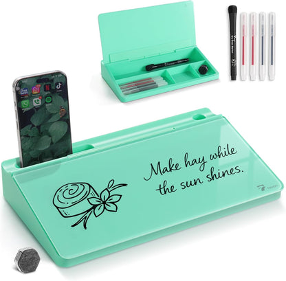 TOWON Small Compact Glass Desktop Whiteboard with Storage – 12 x 7 in Dry Erase Board for Desk, Home Office, School | Includes 5 Markers, Eraser & Holder | Space-Saving Organizer, Aesthetic Rose Gold