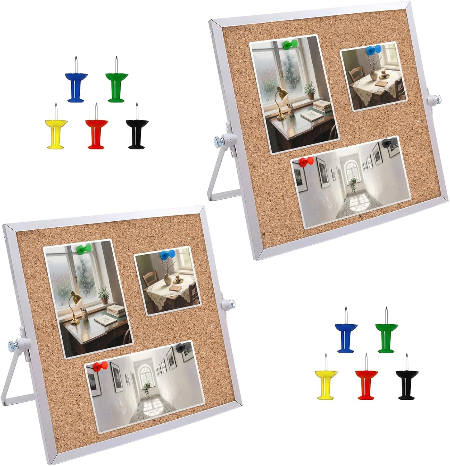 2 Pack Cork Board Bulletin Board, Double Sided Pin Board with Silver Aluminum Border, Desktop Small Cork Board with Stand Suitable for Home, Office, Desk Message Board or Picture Board 9.8"×9.8"