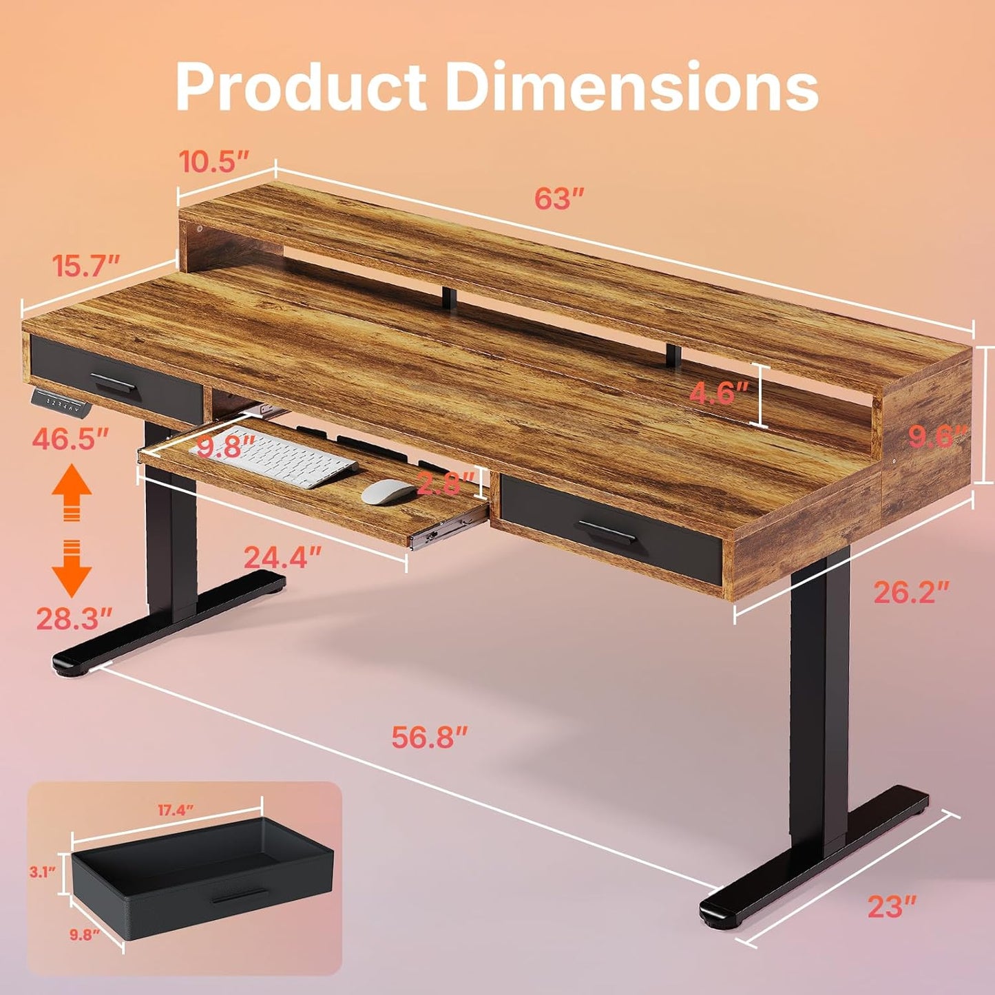 HUANUO 55″ x 26″ Electric Standing Desk with 2 Drawers &24.4″ Large Keyboard Tray, C-Clamp Mount Compatible, Adjustable Computer Desk for Office, Sit Stand Up Desk with 4 Height Presets, Light Walnut