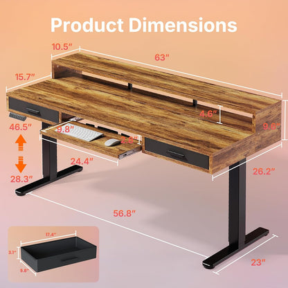 HUANUO 55″ x 26″ Electric Standing Desk with 2 Drawers &24.4″ Large Keyboard Tray, C-Clamp Mount Compatible, Adjustable Computer Desk for Office, Sit Stand Up Desk with 4 Height Presets, Light Walnut