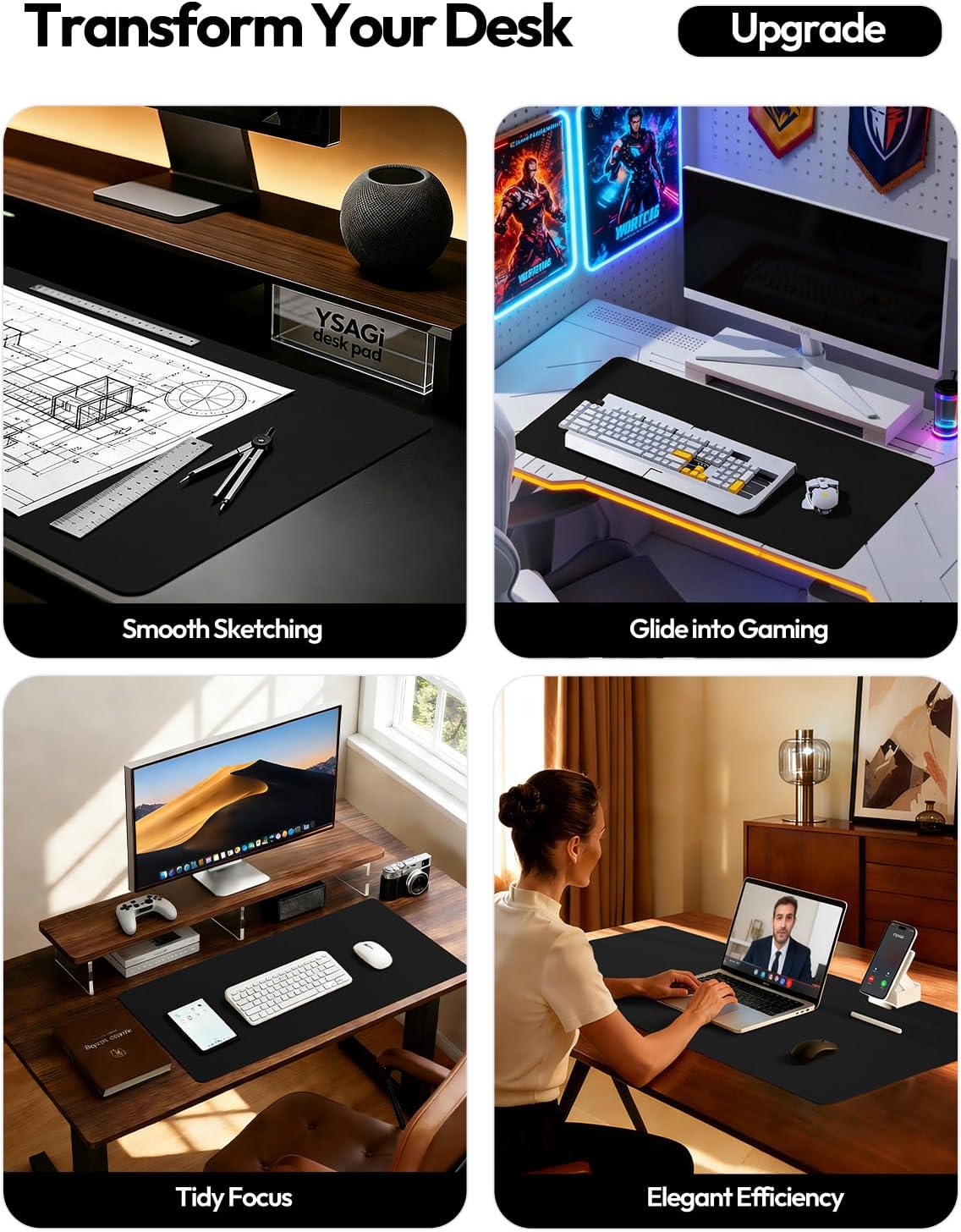 YSAGi Leather Office Desk Pad Protector, Large Mouse Pad, Non-Slip, PU Leather, Laptop Desk Blotter, Waterproof Writing Pad for Office and Home, Black, 23.6" x 13.8" - Colors B