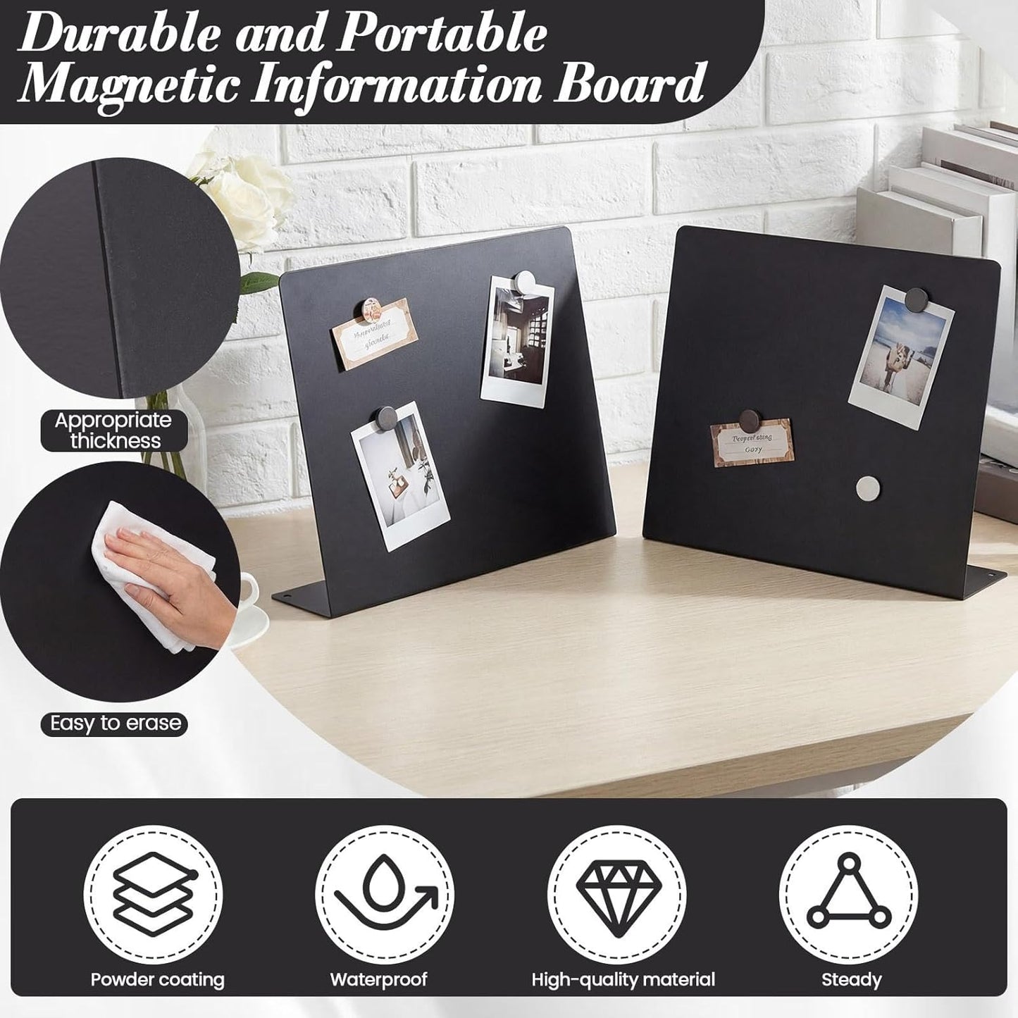 LEIFIDE 2 Pcs Black Magnet Boards Magnetic Bulletin Board Announcement Wave-Shaped Magnetic Display Board Stand Metal Desktop Memo for Menus Dining Table Home School Kitchen Office (12.6 x 11 Inch)