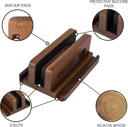 S&A WOODCRAFT 3 Slots Bamboo Wood Vertical Laptop Stand, Adjustable Wooden Laptop Holder, Non-Slip Laptop Dock Compatible with Apple MacBook, Microsoft Surface, Gaming Laptops, IPad, Tablets