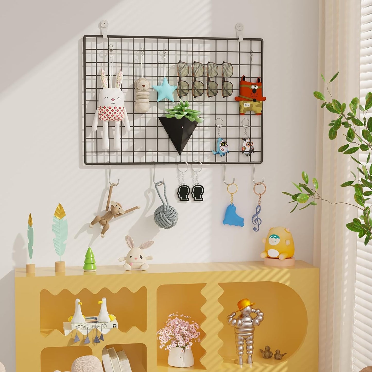 C&AHOME Photo Wall Display Set of 2, Grid Panel with Hooks, Clips, Hemp Cord, Hammer - 15.7" x 11.8", White UWWGM3402W