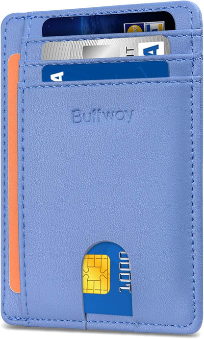 Buffway Slim Minimalist Front Pocket RFID Blocking Leather Wallets for Men and Women - Carbon Fiber Black - Colors B