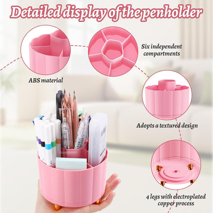 360 Rotating Pencil Pen Holder for Desk, White Pen Organizer with 6 Slots, Cute Office Supplies, Desk Accessories for Office, School, Home
