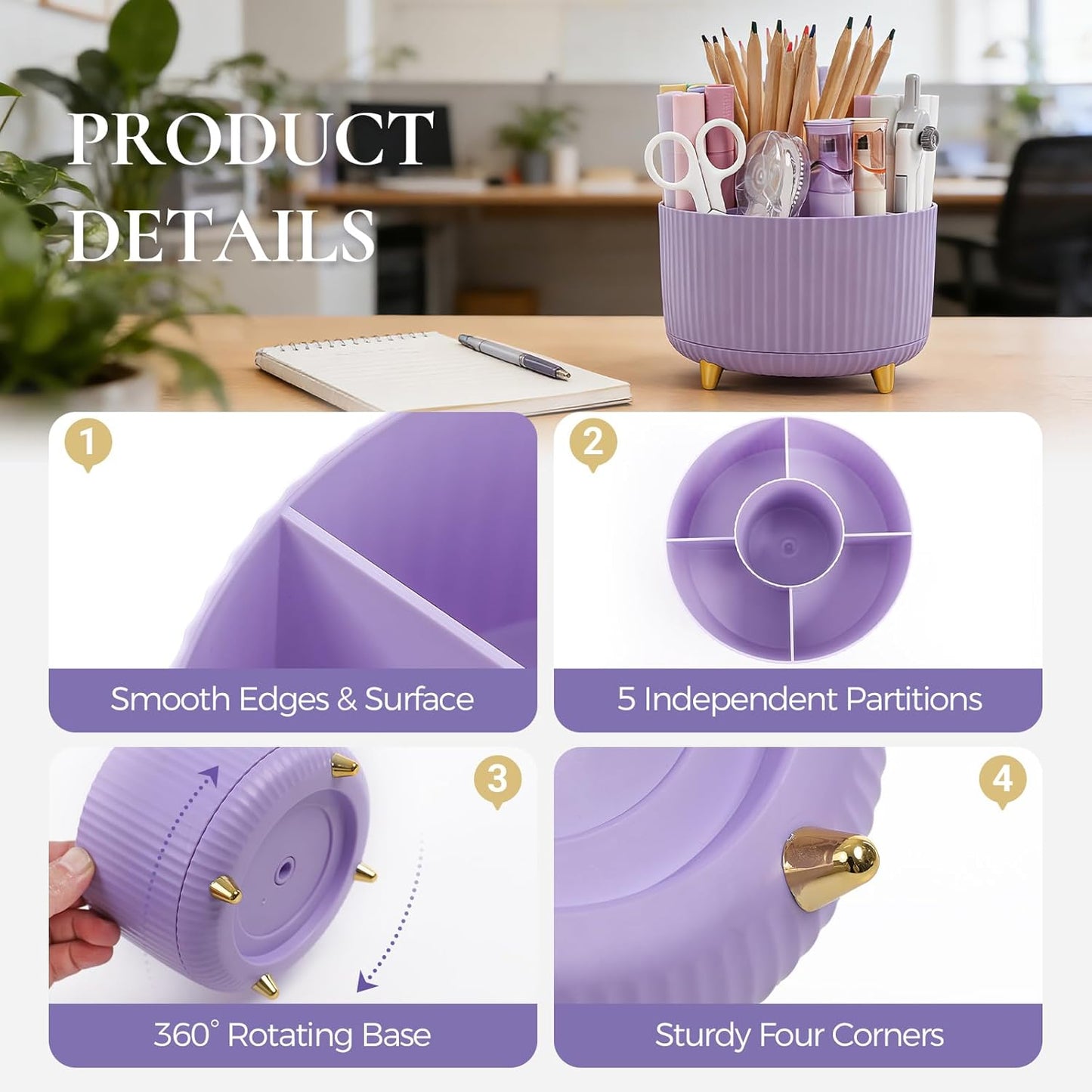 KONVINIT Pencil Pen Holder for Desk, 5 Slots 360 - Degree Rotating Desktop Organizer, Cute Desk Organizers and Accessories for School, Home, Office and Art Supply, Black