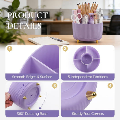 KONVINIT Pencil Pen Holder for Desk, 5 Slots 360 - Degree Rotating Desktop Organizer, Cute Desk Organizers and Accessories for School, Home, Office and Art Supply, Black