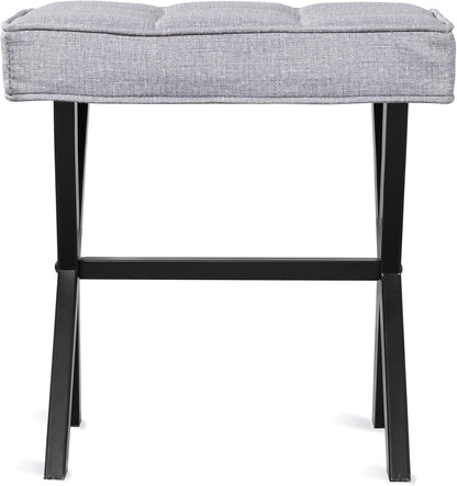 LUE BONA Square Linen Makeup Stool, Metal X Legs, Small Ottoman Stool Chair for Vanity, Modern Padded Seat Foot Rest for Makeup Room, Bathroom