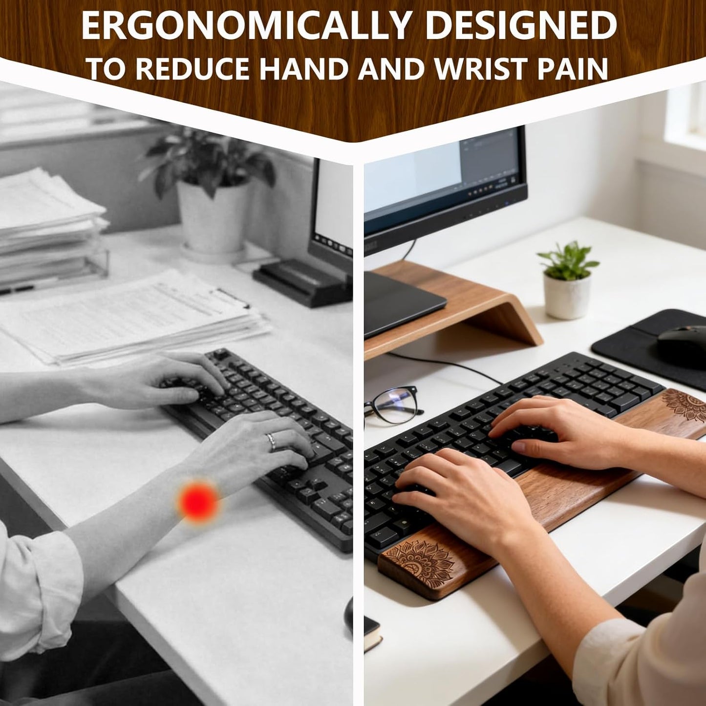 14.2in Walnut Wooden Wrist Rest for 87-Key/TKL Keyboards – Premium Ergonomic Palm Support, Natural Smooth and Comfort Desk Setup Wrist Pad with No-Slip Rubber Base – Office Typing & Gaming Accessory