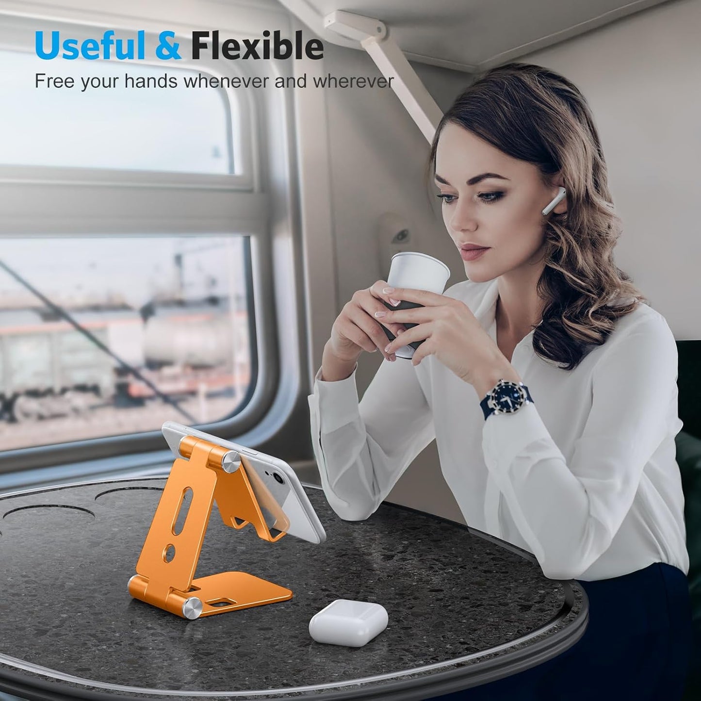 OMOTON Foldable Cell Phone Stand, C4 Portable Aluminum Phone Holder, Adjustable Phone Dock Cradle for iPhone 17/16/15 Pro Max Air, Small Tablets, Smart Phones, Women Men Gift for Fathers Day, Silver
