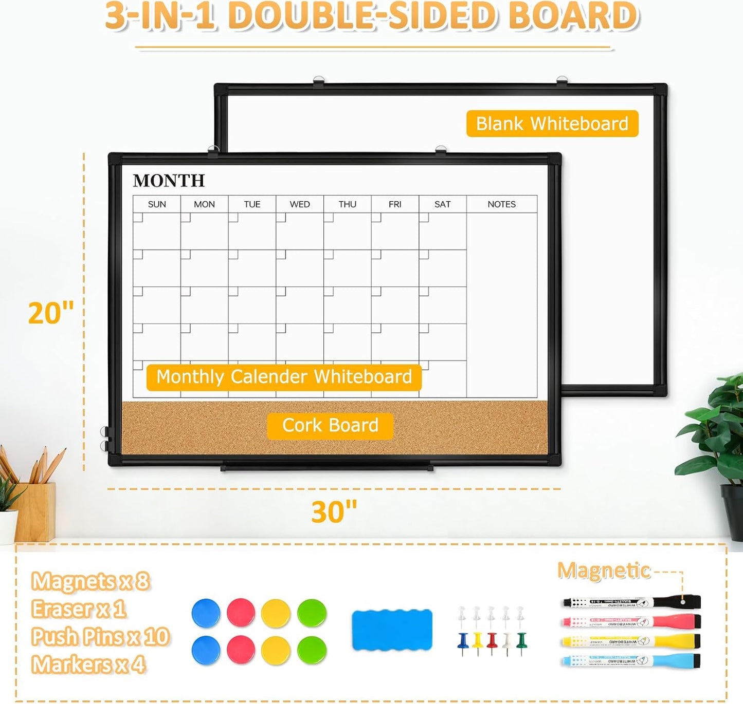 Weekly Calendar Dry Erase Whiteboard for Wall, 24"x18" Magnetic Weekly Planner White Board, Double Sided Hanging Daily Planning Board for Home, Office, School, Kitchen