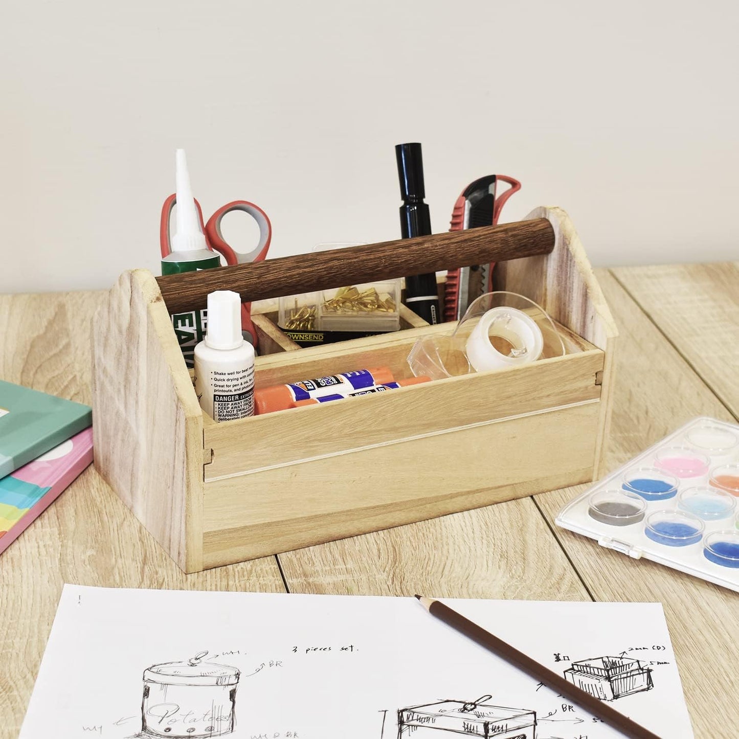 Ikee Design Small Natural Wood Color Wooden Craft Tool Box Caddy with a Handle for Storage Tool, Makeup, Collections with 5 Compartments for Storage and Organizing, 10 W x 5.1 D x 3.5 H in