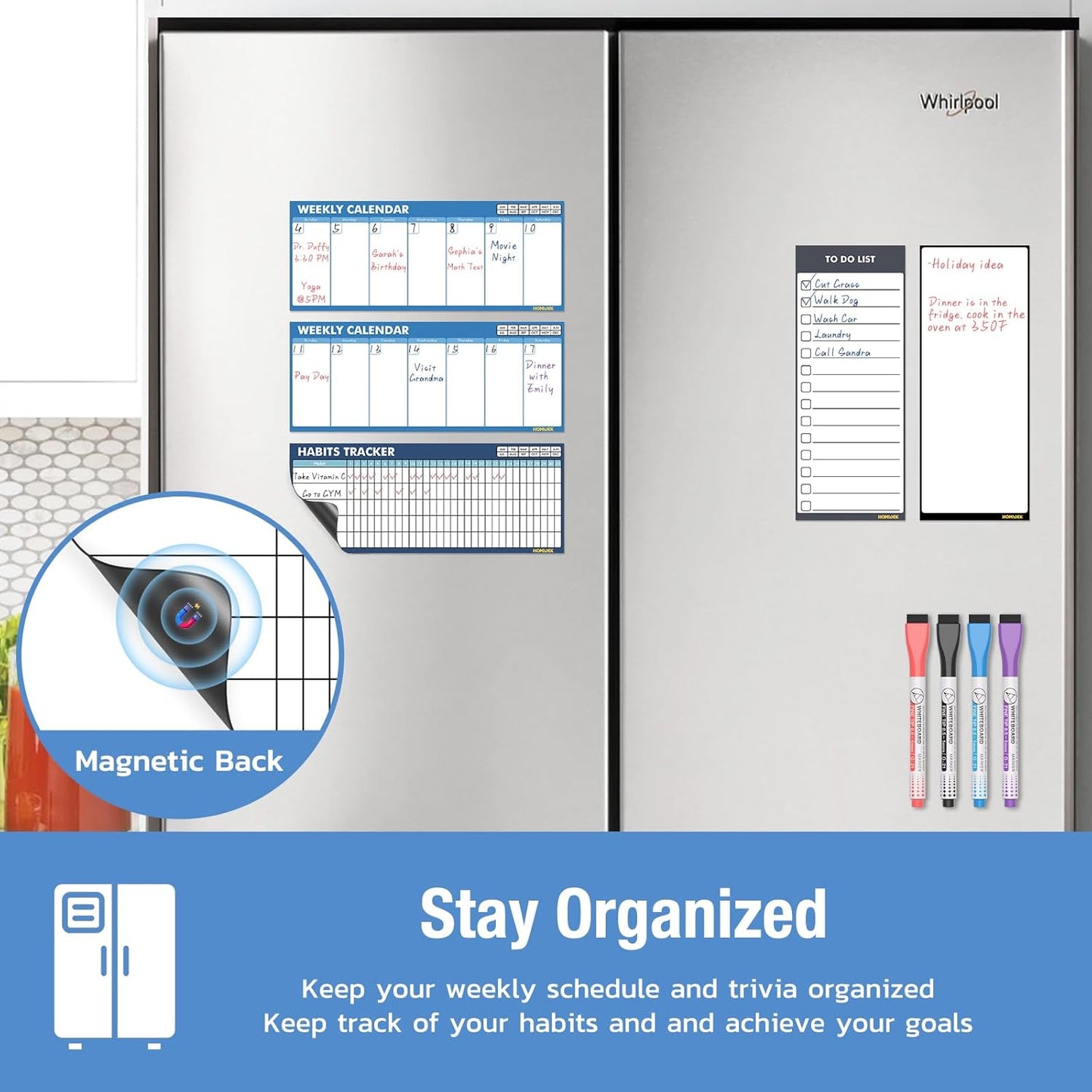 HOMiDEK Dry Erase Whiteboard for Fridge - Magnetic White Board for Refrigerator - 2 Sheets of Weekly Calenders, Monthly Habit Tracker, Memo Pad, to Do List and 4 Markers - 4" x 10"