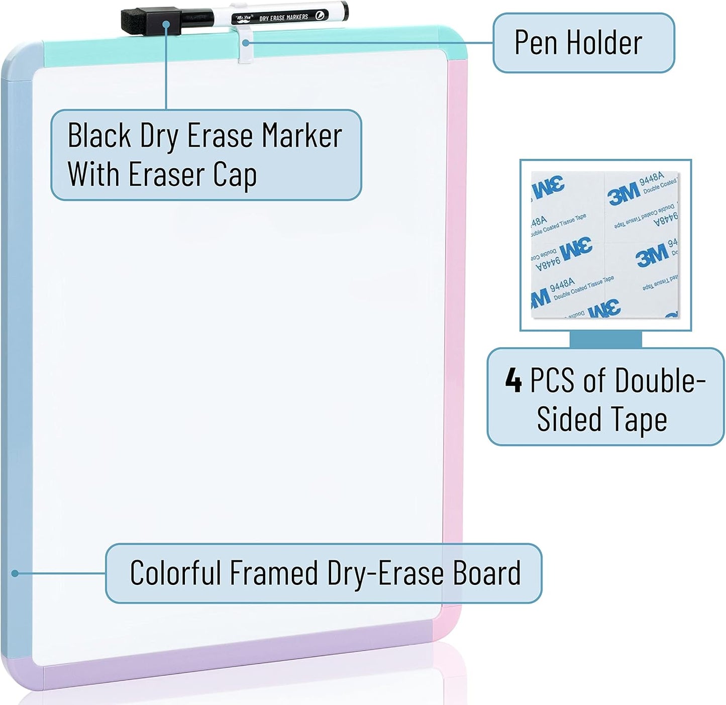 Mr. Pen- Dry Erase Board, 14” x 11” with a Black Dry Erase Marker, White Frame, Small Mini White Board for Students, Fridge, Wall, Locker, Includes Double Sided Tapes