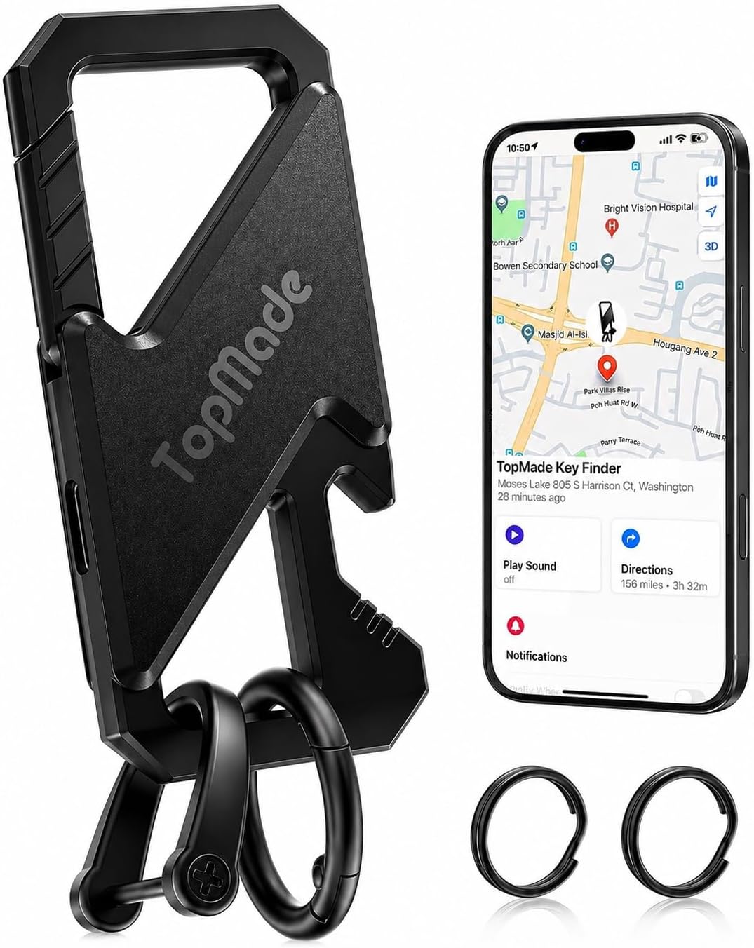Keychain, Works with Apple Find My, Heavy Duty Key Chains Carabiner Bottle Opener, Car Key Finder with GPS Tracker, Rechargeable Bluetooth Key FinderTracker for Luggage, Bags, Backpack etc, Black