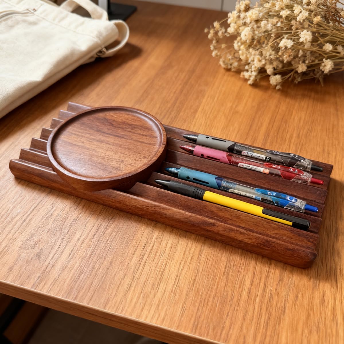 Pen Holder Wave Pen Tray Wooden Desk Organizer,Pencil Holder,Fountain Tray,Pencil Organizer for Desk (Walnut)