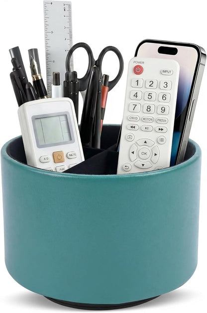 Round Leather Art Supply Organizer,Remote Control Holder,360 Degree Rotating,Multi-Functional Pencil Holder,4 Compartments Desktop Stationary Organizer(1-Fractal Flower) | Round - Colors C