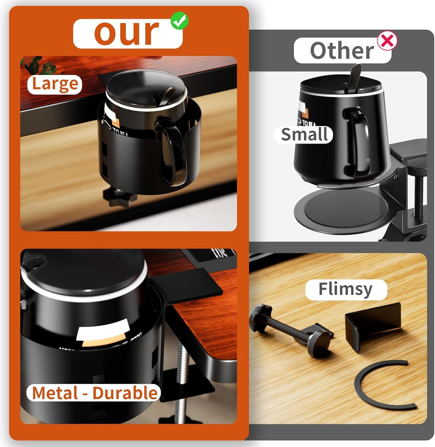 Deeper Desk Cup Holder, OOKUU Anti-Spill Cup Holder for Desk or Table, Sturdy and Durable, Easy to Install, Enough to Hold Coffee Cups, Water Bottles, Gaming PC Office Accessories, Black