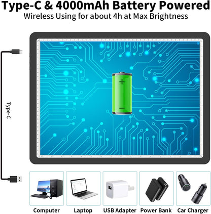 Rechargeable A4 Light Board for Diamond Painting, 9000 Lux Tracing Light Box with Side Physical Buttons, 3 Colors and 6 Levels of Brightness, LED Light Pad for Diamond Art, Drawing, Weeding Vinyl