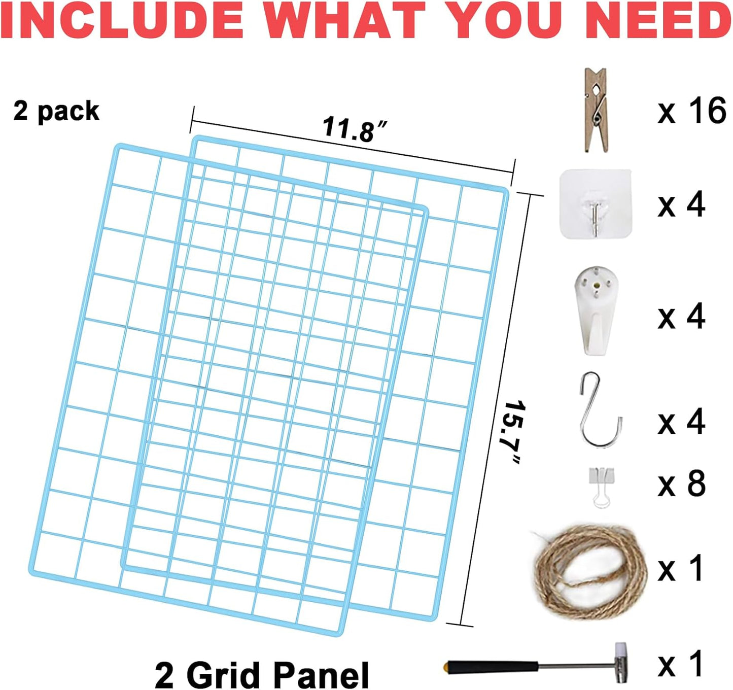 C&AHOME Photo Wall Display Set of 2, Grid Panel with Hooks, Clips, Hemp Cord, Hammer - 15.7" x 11.8", White UWWGM3402W