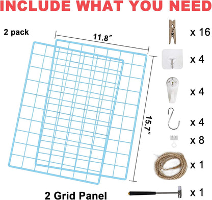 C&AHOME Photo Wall Display Set of 2, Grid Panel with Hooks, Clips, Hemp Cord, Hammer - 15.7" x 11.8", White UWWGM3402W