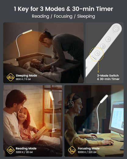 Glocusent 38 LED Clip On Light: 5W Eye Caring Book Lights for Reading at Night - 5 Color & 5 Brightness with a Remote, 30-Min Auto Off Timer, Multi-Purpose Clip Lamp for Bed Reading/Studying/Working